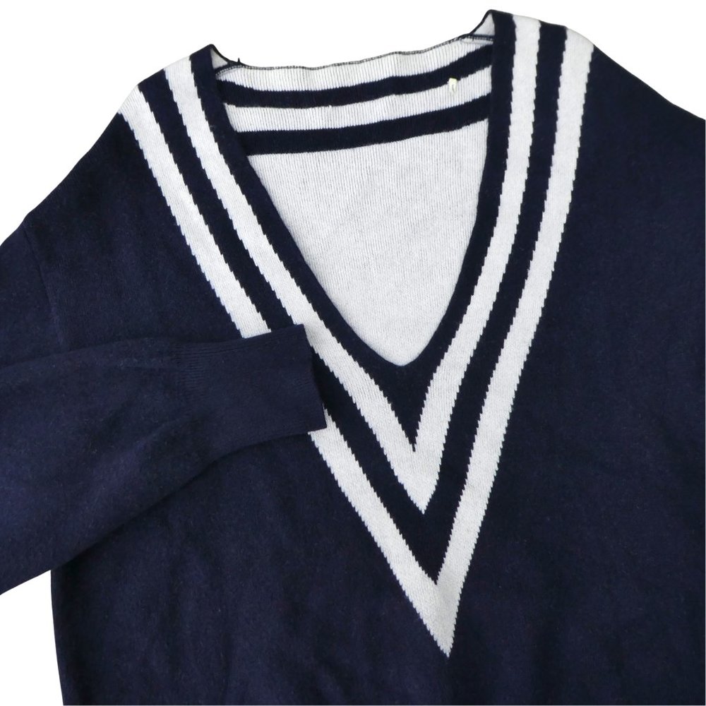 WooL CaSHMeRe Sandro Paris V Neck Sweater Varsity Tennis Jumper Navy White L XL